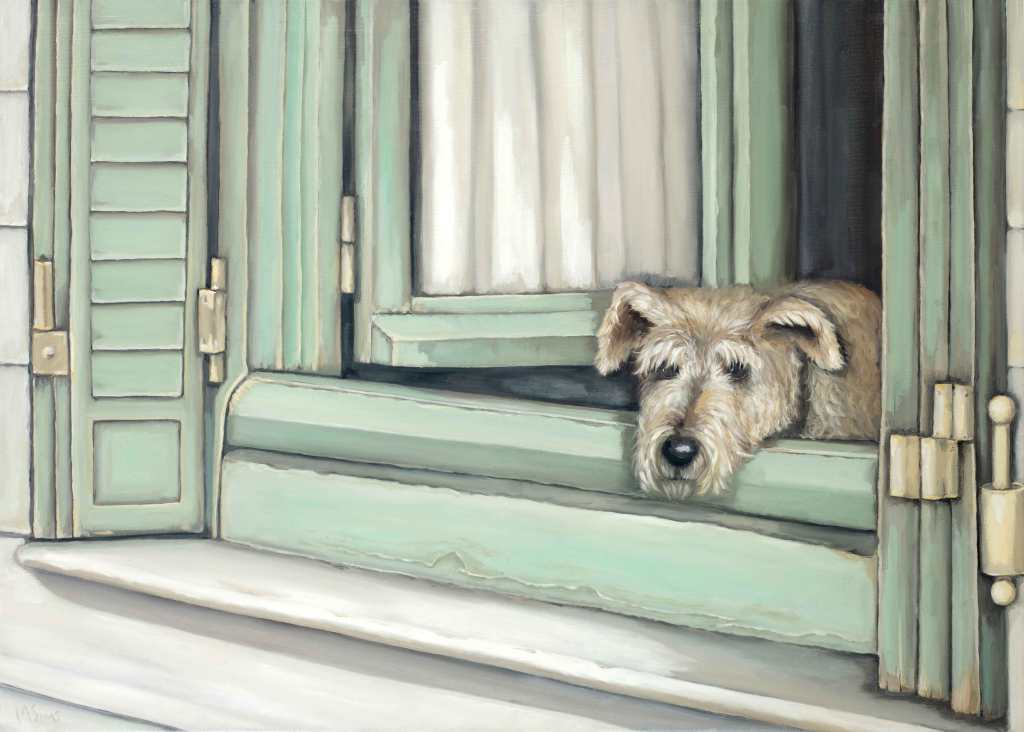 Dog at green window